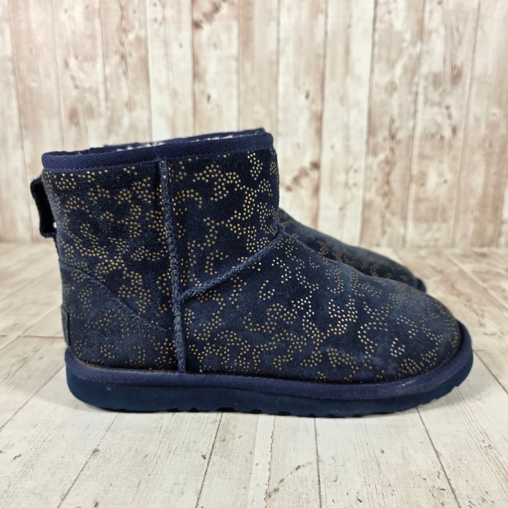 UGG Australia Classic Mini Navy Gold Leopard Dot Suede Boots 1008562 Womens 6